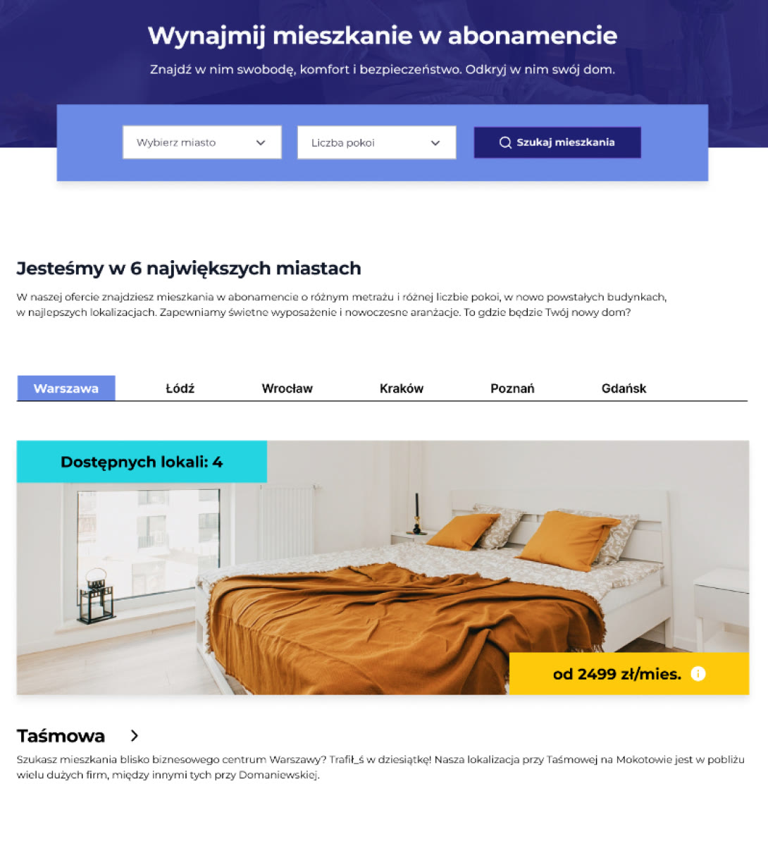 Resi4Rent desktop homepage, cropped: the search bar with city and number-of-rooms fields, tabs for six cities, and a Warsaw location card showing four available apartments and a price from 2,499 zł a month