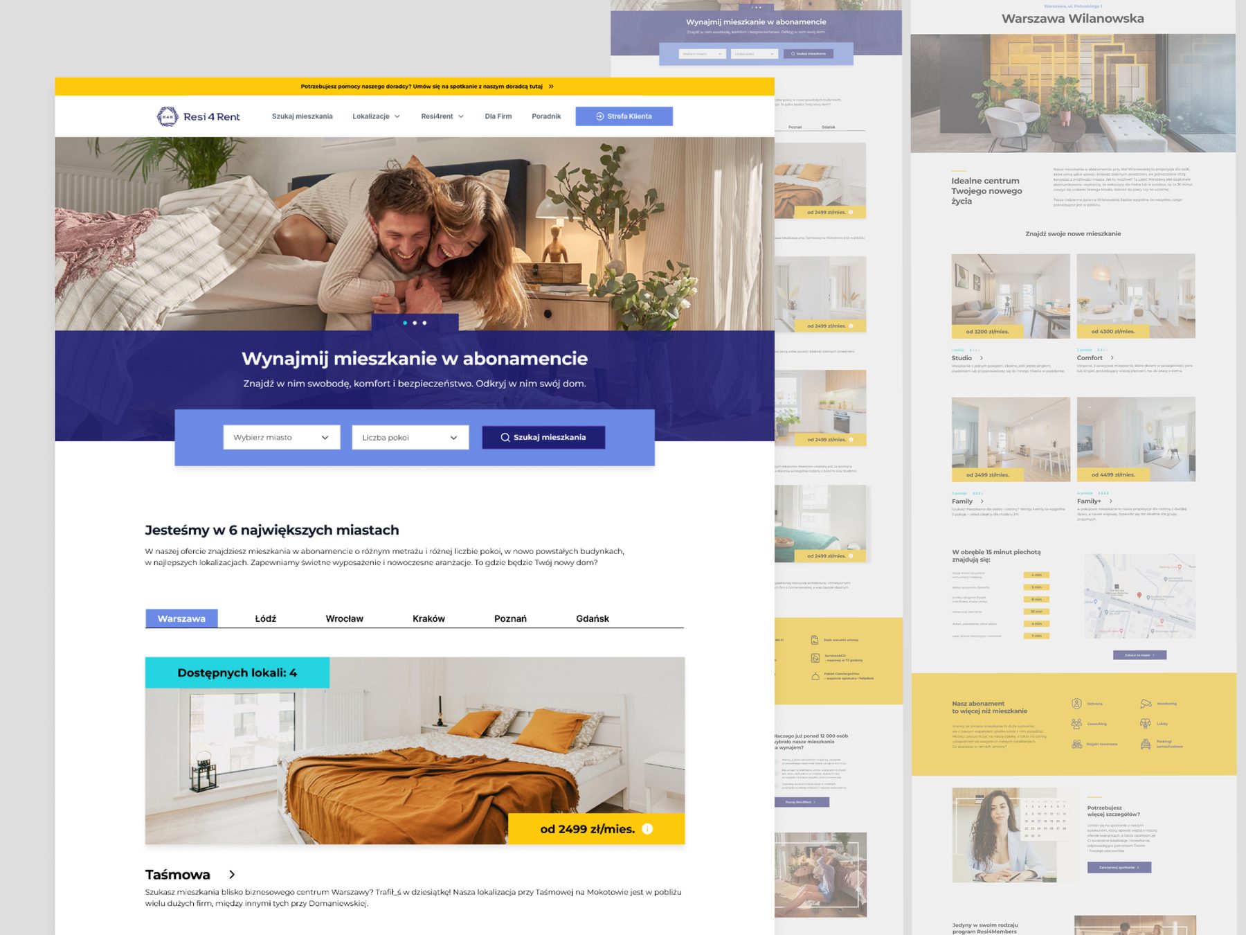 Resi4Rent desktop – homepage with the search bar, a city page and an apartment page