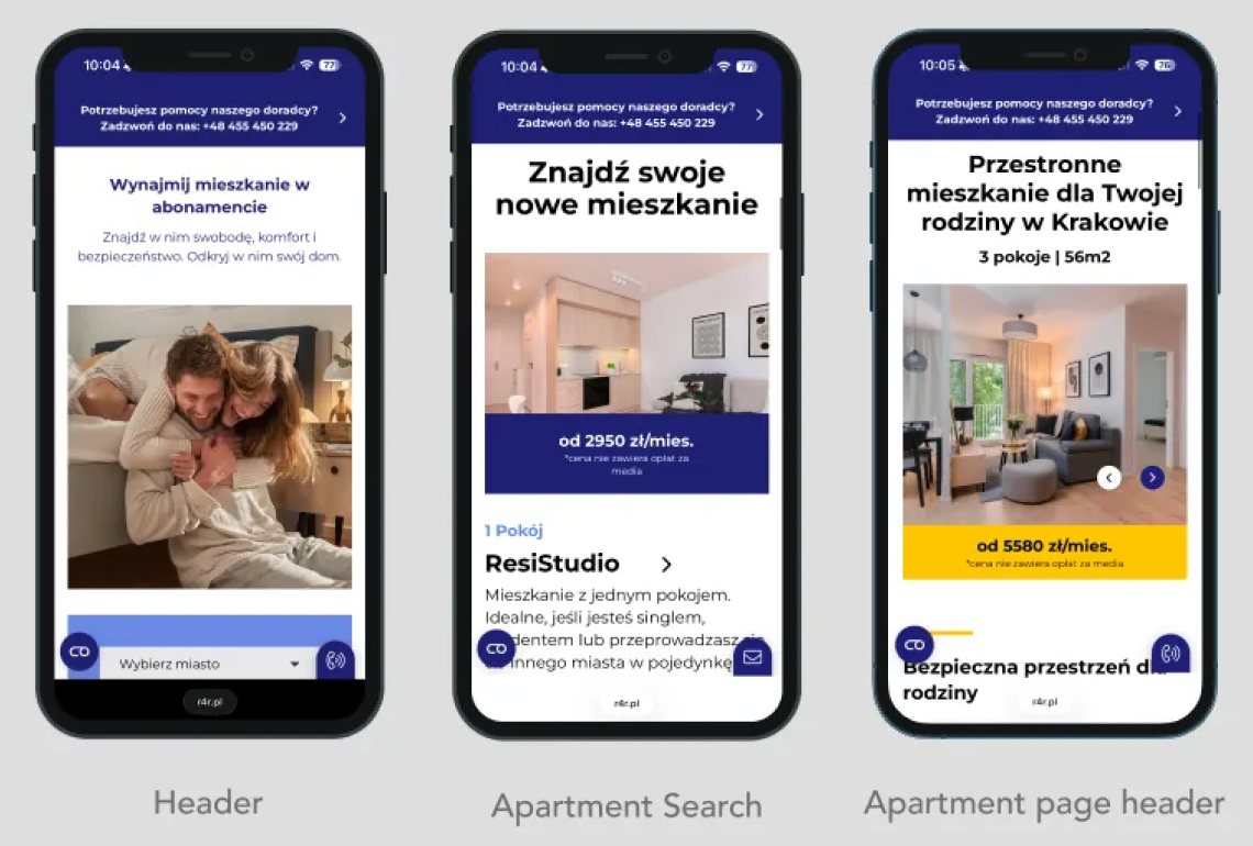 Three screens of the mobile journey – the header with the city picker, apartment search and an apartment page