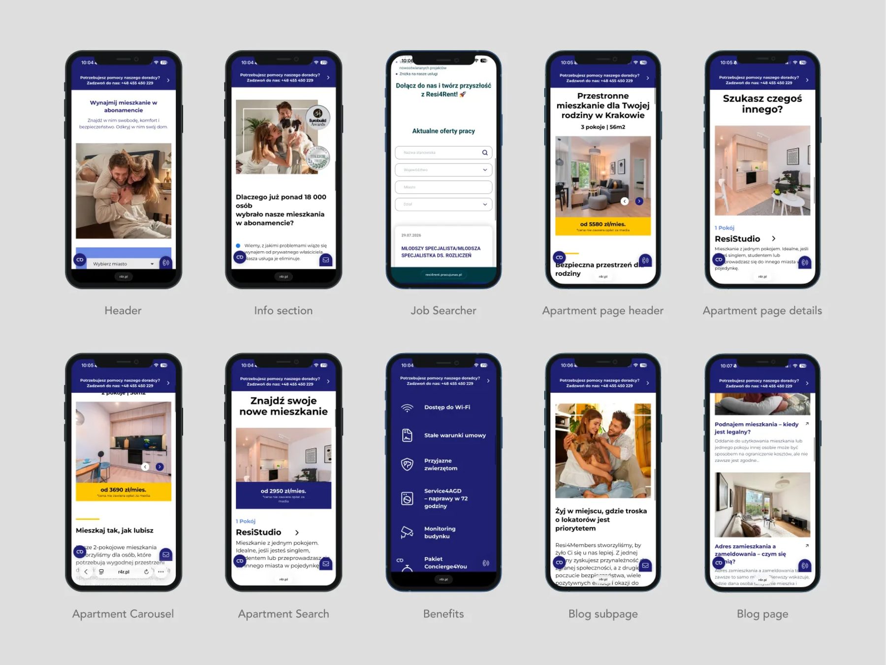Ten mobile screens of the redesigned journey – header, info section, job searcher, apartment page, apartment details, carousel, search, benefits, blog